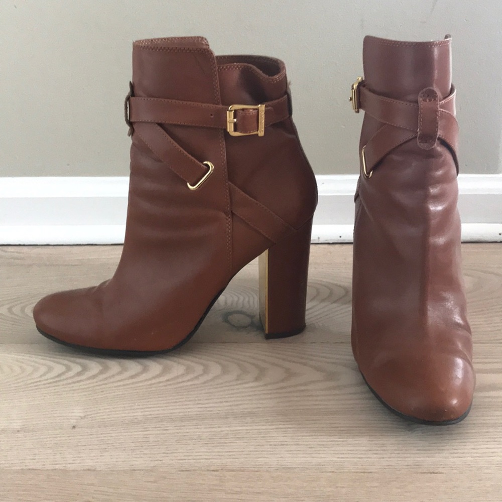 C. Wonder Cognac Leather and Gold Booties